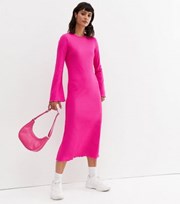 New Look Bright Pink Ribbed Flared Sleeve Midi Dress
